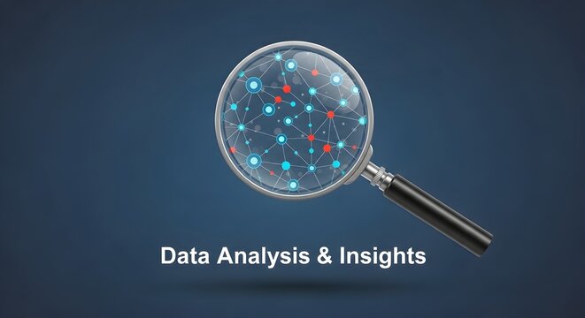 Magnifying glass examining a complex digital data network, symbolizing data analysis, business intelligence, and gaining insights from big data.