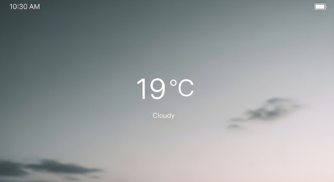 Digital weather display showing 19 degrees Celsius and cloudy conditions, set against a soft, blurred background of a serene sky at 10:30 AM.