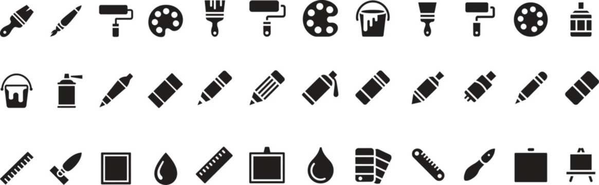 Painting Tools and Art Supplies Solid Icon Set. Includes Brush, Roller, Paint Bucket, Pencil and Creative Art Symbols. Flat Vector Glyph Icons for Design, Creativity and DIY Projects