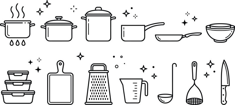 Kitchen utensils and cookware line icons set for cooking preparation chef culinary tools and restaurant equipment