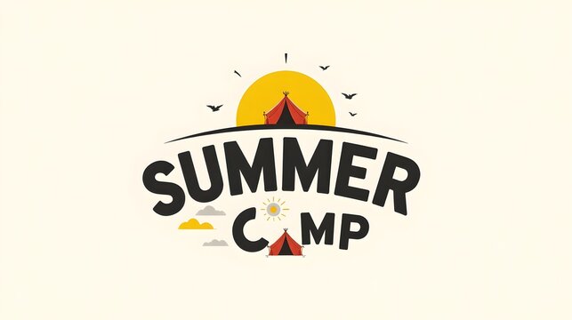 Summer Camp Minimalist Typography Design With Sun And Tent Elements