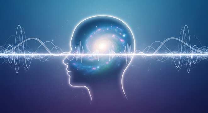 Human head profile silhouette with glowing spiral galaxy brain and sound wave lines.