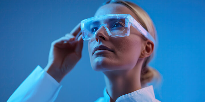 Woman wears futuristic augmented reality glasses under blue studio lighting, representing innovative wearable technology and digital vision.