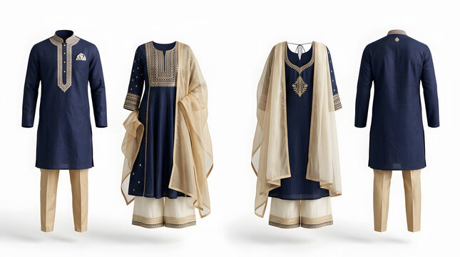 Traditional navy blue and cream Indian ethnic wear featuring elegant kurta pajama and salwar kameez suit sets for cultural festive celebrations