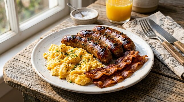 Hearty Breakfast Plate with Scrambled Eggs, Grilled Sausages, and Crispy Bacon on a Rustic Wooden Table