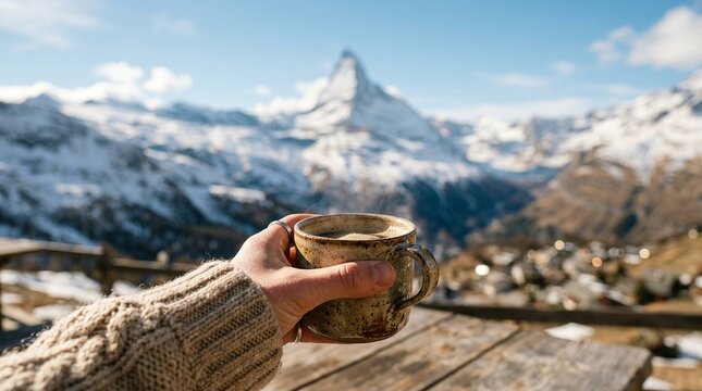 Hand holding coffee mug against the iconic Matterhorn mountain in the Swiss Alps