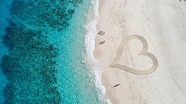 Aerial view of a heart shape drawn on a white sand beach with turquoise ocean water