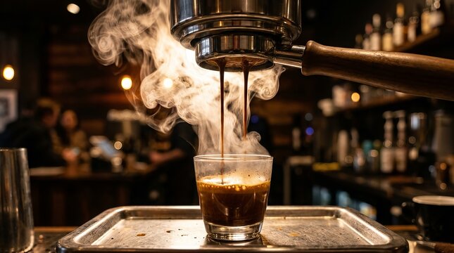 Fresh Hot Espresso Extraction with Steam from Professional Coffee Machine