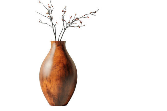 Elegant dark brown wooden vase holding delicate dry branches with small buds creating a minimalist decorative interior style centerpiece arrangement isolated on white background