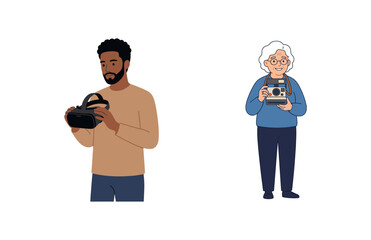 Diverse People Engaging With Modern Virtual Reality Headsets and Traditional Retro Cameras