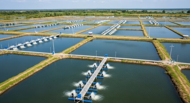 Aerial view of a modern industrial shrimp farm with aquaculture ponds and aerators, showcasing large-scale seafood production.