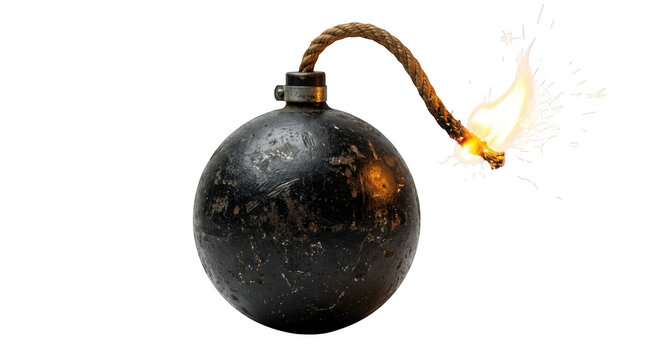 Old fashioned black bomb with a burning fuse isolated on transparent background
