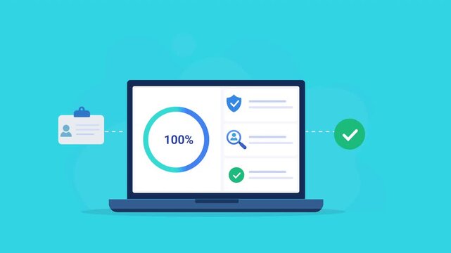 Animated flat vector illustration of a laptop displaying an identity verification dashboard with ID card, security check, and approval status icons. Modern digital identity, authentication, and busine