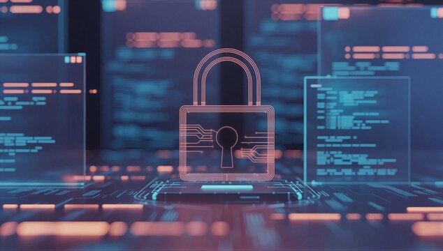 Digital padlock overlaying code and data stream representing data encryption and secure communication.