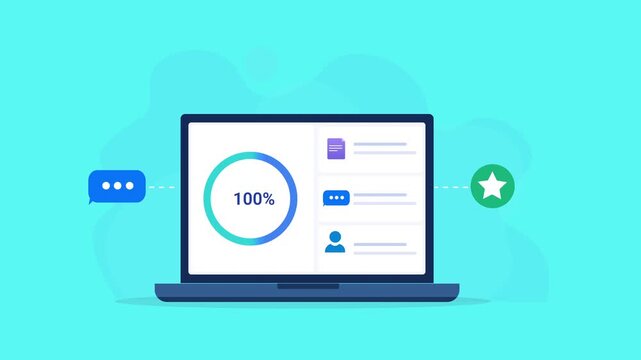 Animated flat vector illustration of a laptop displaying a customer feedback dashboard with messaging, user profile, and rating icons. Modern customer engagement, review management, and business techn