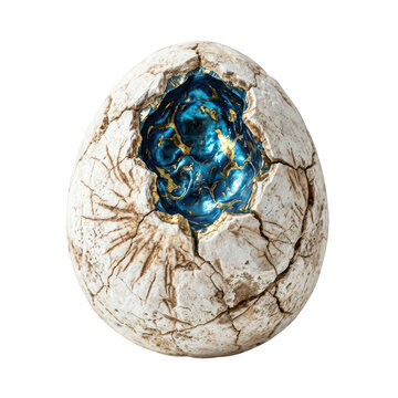 Cracked dinosaur egg with a glowing blue and gold interior isolated on transparent background