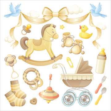Cute gender neutral baby shower set with rocking horse, stroller, toys, and bottle in beige colors. Vector illustration set.