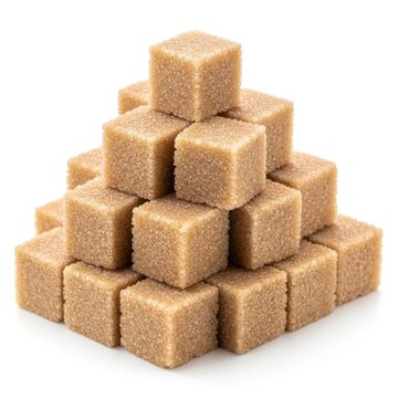 Pyramid stack of brown sugar cubes on white background, sweet ingredient for coffee.
