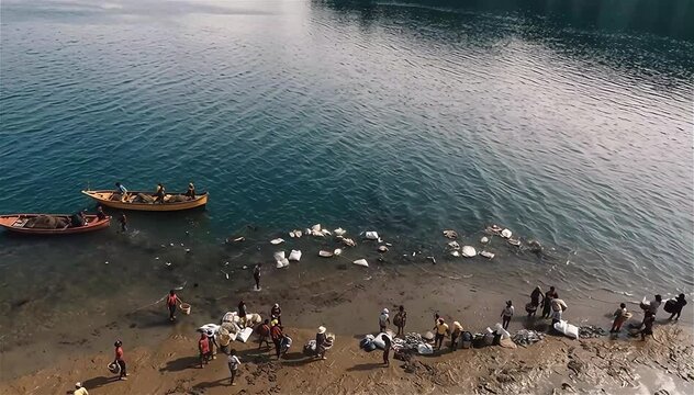 Aerial view, Fishermen selling fish to other people at lake Victoria, Kissmu, Kenya