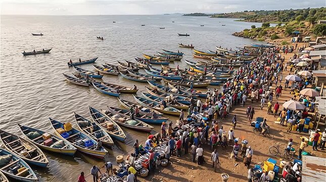 Aerial view, Fishermen selling fish to other people at lake Victoria, Kissmu, Kenya