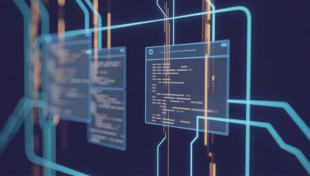 Transparent code window and circuit lines representing software development and data flow concept with computer code and network pathway.