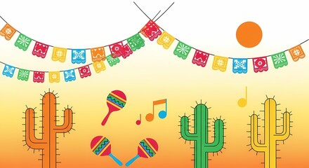 Obraz premium Vibrant Mexican fiesta illustration with cactus and maracas.