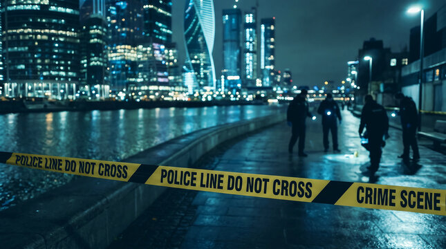 Police tape marking a crime scene near a city skyline at night Detective Mystery Document, Dark Cinematic Collecting Evidence for Concepts