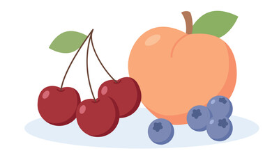 Obraz premium Fresh organic fruits and berries mix vector illustration. Flat cartoon peach, cherry, and blueberry harvest, healthy vegetarian food isolated design element