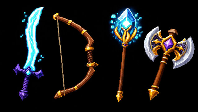 Pixel art fantasy RPG weapons set with magic sword bow wizard staff and battle axe