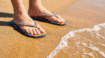 Naklejka premium Feet in flip-flops standing on a sandy beach next to ocean waves.
