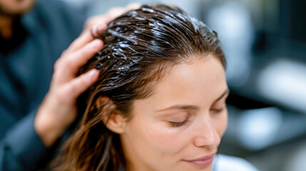 Naklejka premium Close-up of a specialist applying and massaging hair treatment on a woman wet scalp during a professional salon or trichology care procedure