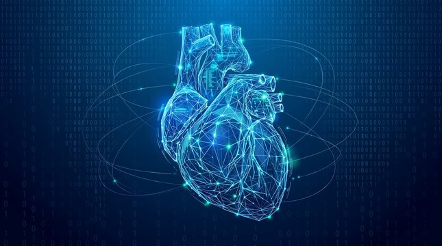 A glowing blue digital heart with a network of lines and dots on a dark blue background with binary code