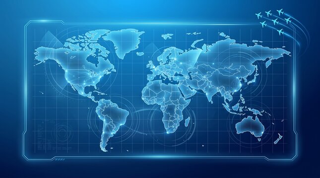 Futuristic blue world map with glowing lines and planes flying around the globe on a dark blue background