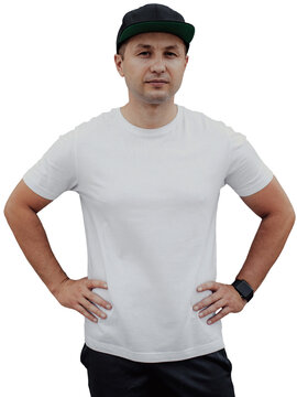 Blank white t shirt mockup on bearded man isolated on transparent background