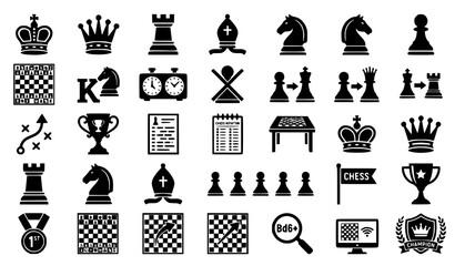 Chess Pieces Silhouette Icon Set Vector King Queen Rook Knight Bishop and Pawn Collection © MSTROJINA
