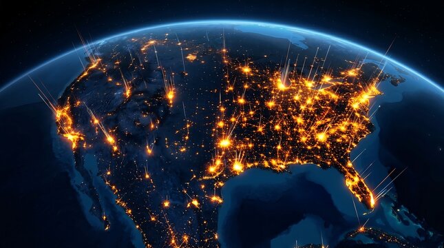 Glowing city lights across the united states at night from space with connections and networks