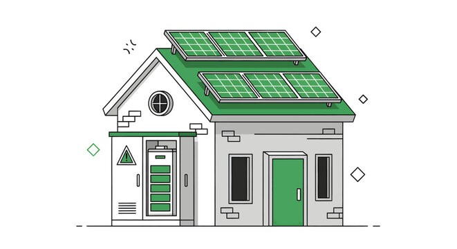 Illustration of a modern house with solar panels on its green roof and an external battery storage system.
