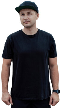 Blank black t shirt mockup on bearded man isolated on transparent background