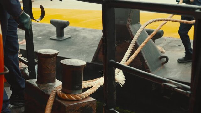 Deckhand tying mooring rope to bollard on a ship