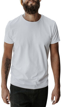 Blank white t shirt mockup on bearded man isolated on transparent background