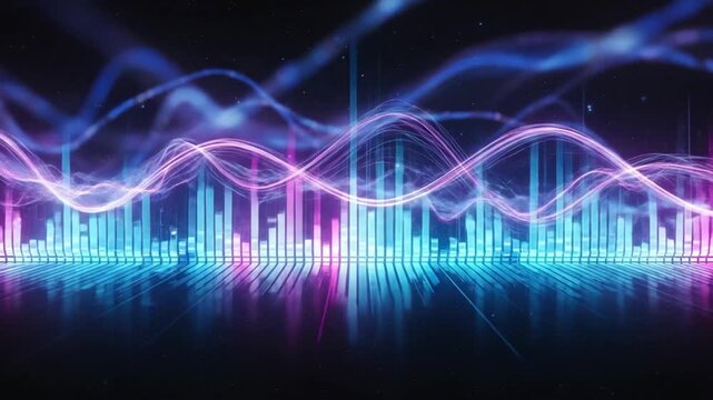 Digital audio equalizer displaying vibrant neon light waves and pulse frequency bars in this high definition motion graphic video clip