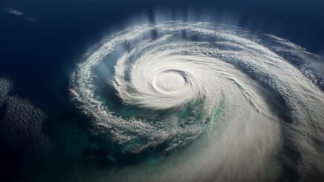 High resolution satellite image of a powerful hurricane with spiral cloud formation over ocean waters