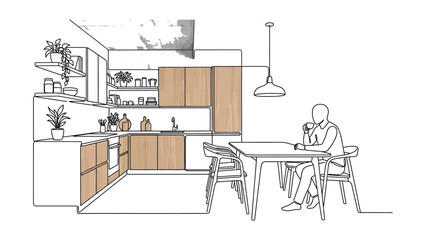 Fototapeta premium A line drawing sketch of a person drinking coffee in a modern kitchen