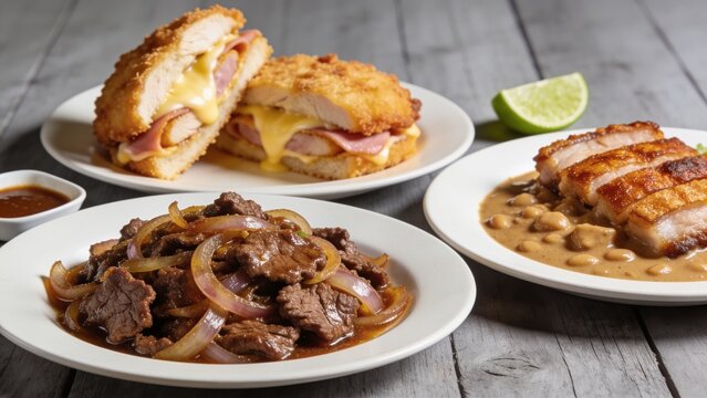 Assorted Philippines food Beef Bulgogi, Chicken Cordon bleu, Crispy Bagnet, Bagnet Kare-kare, lime and sauce served in dish isolated on grey wooden background