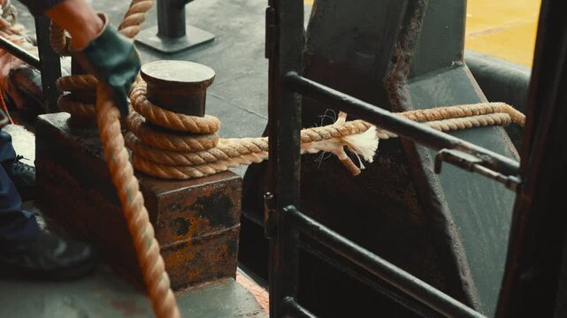 Sailor securing mooring rope to bollard