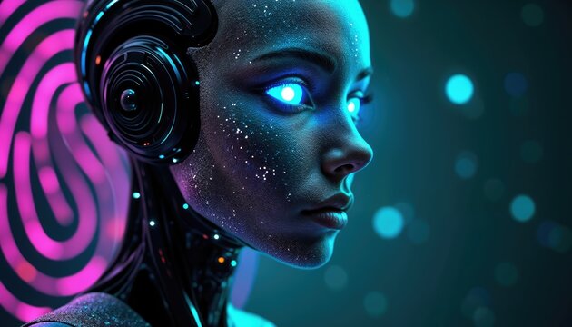 Woman cyborg with glowing eyes and futuristic headset. Portrait of artificial intelligence android. Digital innovation and virtual reality concept. Cyberpunk style neon science fiction art.