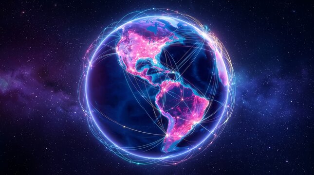 Glowing neon earth with pink and blue connections on a starry night background showing north and south america