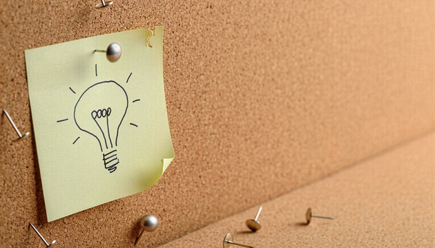 Sticky Note with Lightbulb Sketch on Cork Board