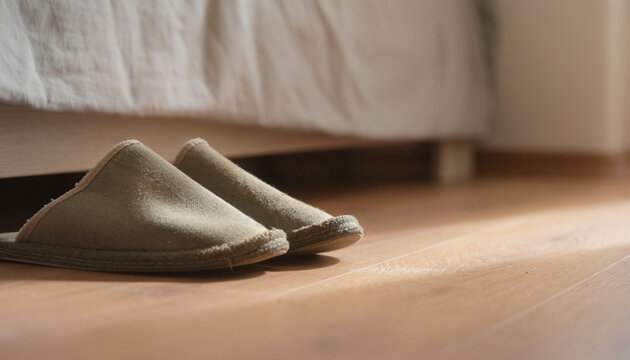 Worn Slippers on Wooden Floor in Morning Light