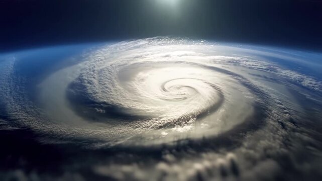 Satellite footage of a massive hurricane swirling over ocean with dense cloud formations and storm eye captured from space in high